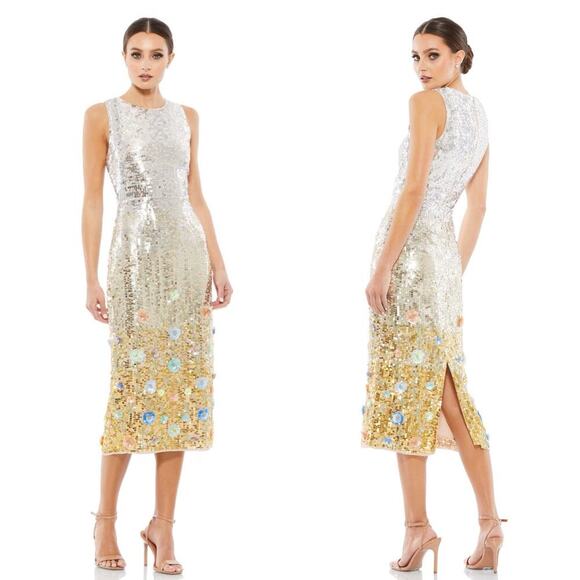 Mac Duggal High Neck Full Sequin Midi Dress/Gown Silver/Gold Applique Size 0 - Picture 1 of 7